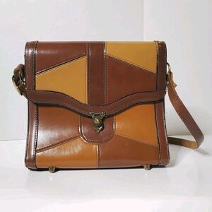 Vintage 60s 70s BURLINGTON Patchwork Leather Frame Bag Brown Satchel Doctor